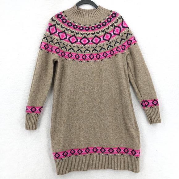 LOFT Womens L Brown Pink Fair Isle Sweater Dress Mock Neck Stretch Long Sleeve - Picture 1 of 6